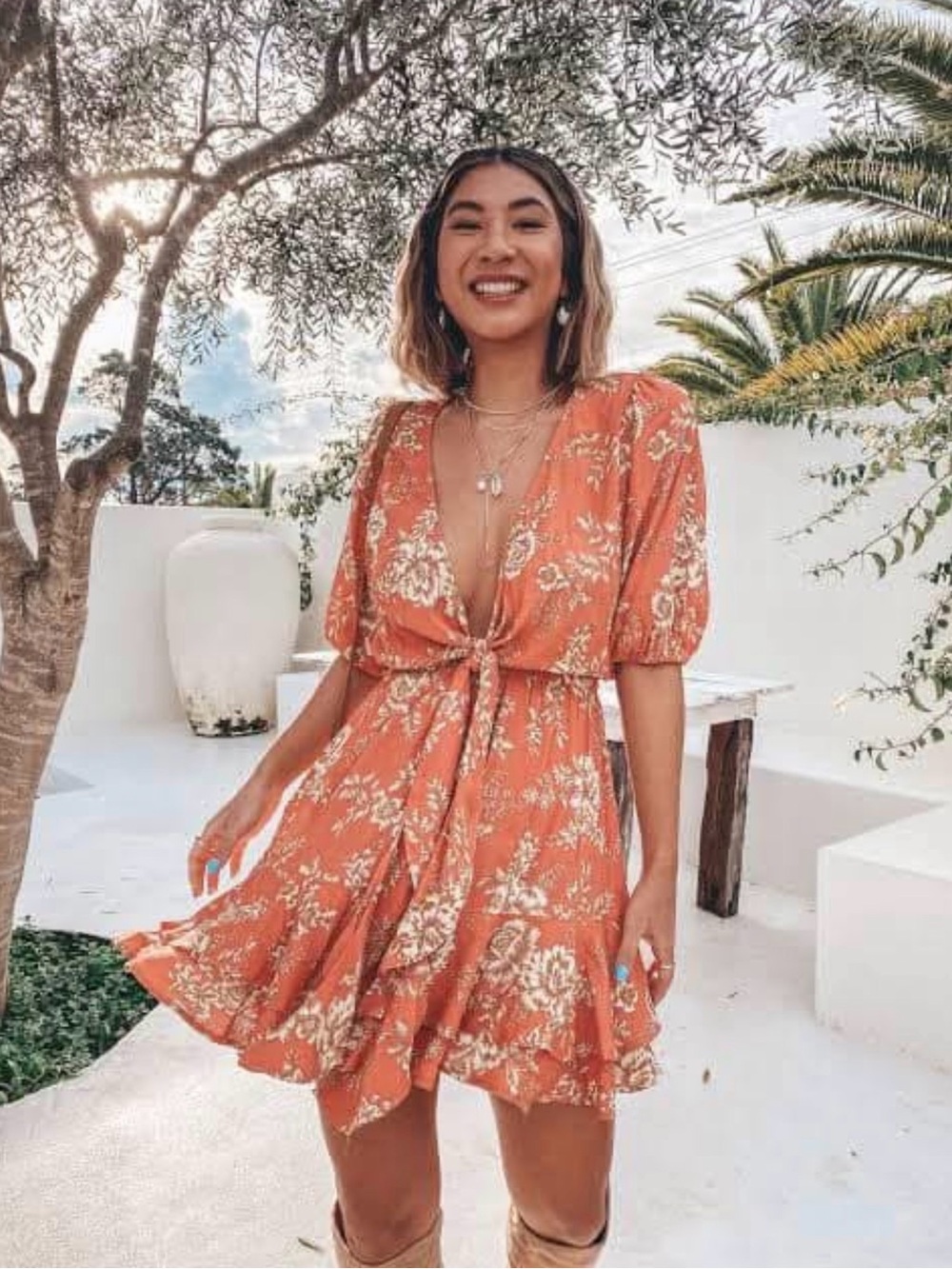 Kivari Terracotta Floral Tie-Front Mini Dress